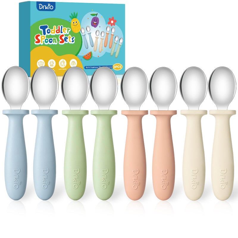 DRKIO 8 PCS Toddler Spoons Set Baby Spoons with Silicone Handle Children safe 188 Stainless Steel Toddler Utensils Set for Self Feeding Kids Silverware AntiChoke Design Food Grade Dishwasher Safe - Image 3