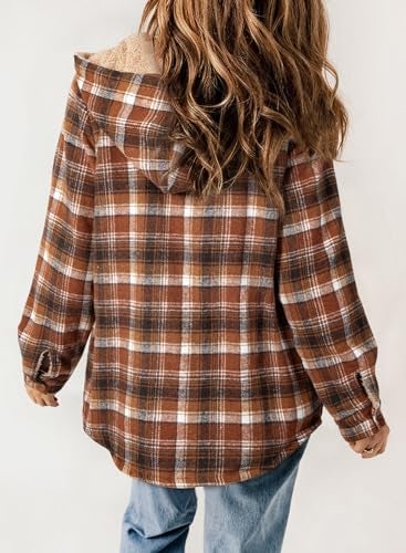 Dokotoo Flannel Shirt Women Plaid Fall Outfits Hooded Fleece Lined Jackets for Women Warm Winter Coats Fuzzy Vintage 2025 Fashion Sherpa Button Up Long Sleeve Shirts Thick Outwear Camel M - Image 4