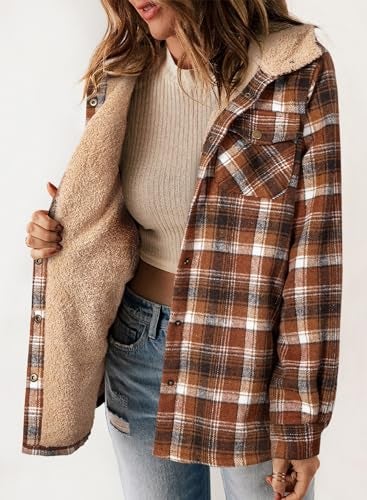 Dokotoo Flannel Shirt Women Plaid Fall Outfits Hooded Fleece Lined Jackets for Women Warm Winter Coats Fuzzy Vintage 2025 Fashion Sherpa Button Up Long Sleeve Shirts Thick Outwear Camel M - Image 3