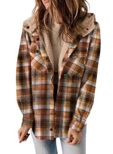 Dokotoo Flannel Shirt Women Plaid Fall Outfits Hooded Fleece Lined Jackets for Women Warm Winter Coats Fuzzy Vintage 2025 Fashion Sherpa Button Up Long Sleeve Shirts Thick Outwear Camel M - Image 1