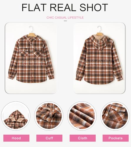 Dokotoo Flannel Shirt Women Plaid Fall Outfits Hooded Fleece Lined Jackets for Women Warm Winter Coats Fuzzy Vintage 2025 Fashion Sherpa Button Up Long Sleeve Shirts Thick Outwear Camel M - Image 5
