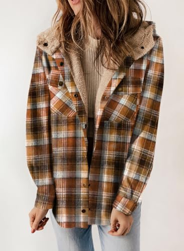 Dokotoo Flannel Shirt Women Plaid Fall Outfits Hooded Fleece Lined Jackets for Women Warm Winter Coats Fuzzy Vintage 2025 Fashion Sherpa Button Up Long Sleeve Shirts Thick Outwear Camel M - Image 2