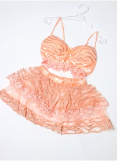 sella Elegant Satin and Sheer Glitter Tulle Lingerie Set in Apricot with Luxurious Lace  - Image 1