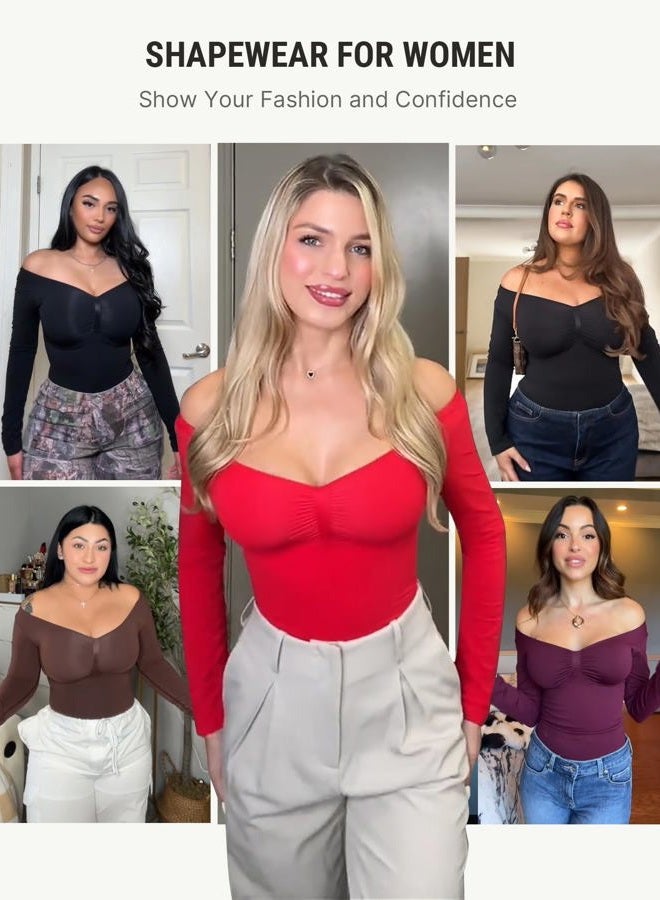 FeelinGirl بدلة نسائية ذات أكمام طويلة للتحكم في البطن، بدلة جسم بدون seams، قميص على شكل V للخروج، زيتون أخضر، S - Image 5