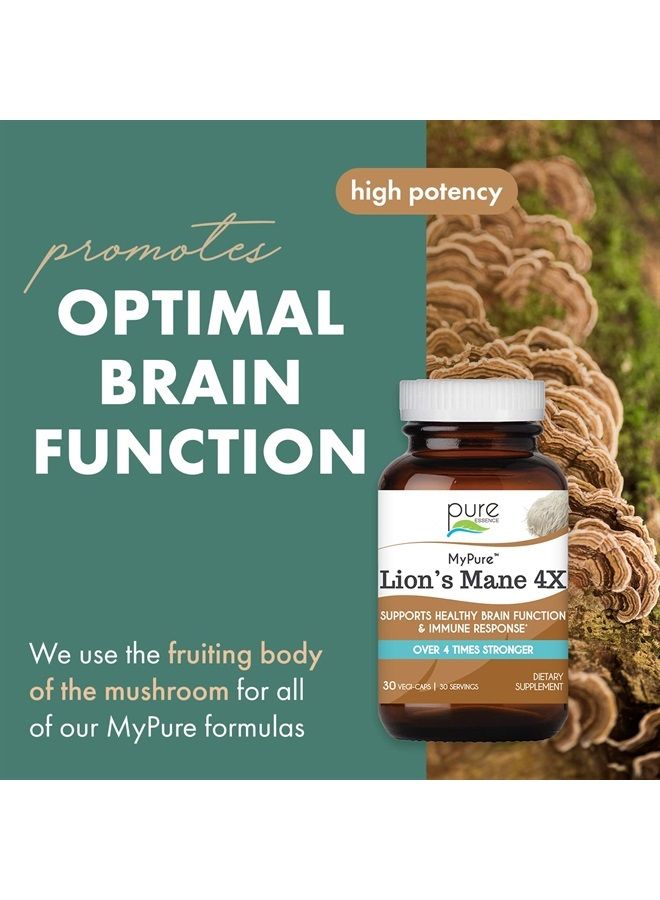 PURE ESSENCE LABS MyPure Lions Mane 4X Mushroom Supplement, 100% Real Mushroom Extract for Immune Support, Combat Stress and Build Energy, Immune Booster for Men and Women, 30 Capsules - Image 1