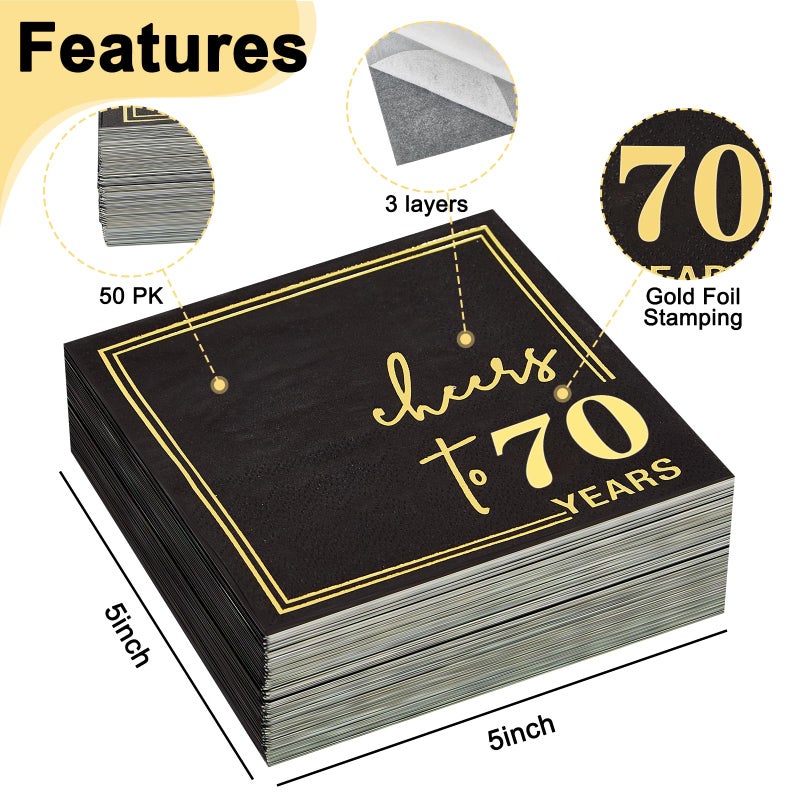 Ottin Black Cheers to 70 Years Cocktail Napkins  5x5 Inches  50 Counts  3-Ply Disposable Party Napkins for 70th Birthdays Decorations  Anniversaries  Weddings  Indoor & Outdoor Celebrations  Gold Foil - Image 2