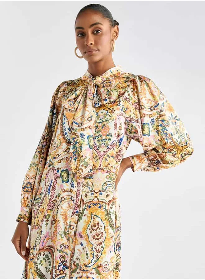 FAV Paisley Print Shirt Dress with Long Sleeves and Neck Tie-Up