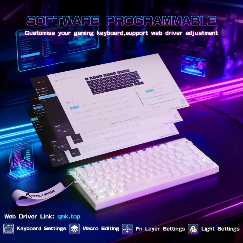 ATTACK SHARK R85 HE Rapid Trigger Keyboard Magnetic Switch with Custom Lightbox, 75% Wired Mechanical Keyboard, 8KHz Polling Rate, 0.005mm RT Accuracy, Support RT/Snap Tap/DKS/MT/TGL (White Contour) - Image 3