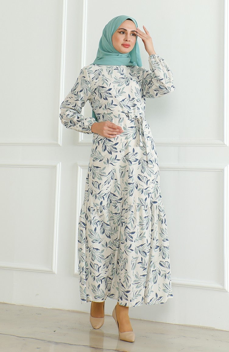 Sefa Merve Patterned Belted Linen Dress 0471-02 Beige Almond Green  - Image 2