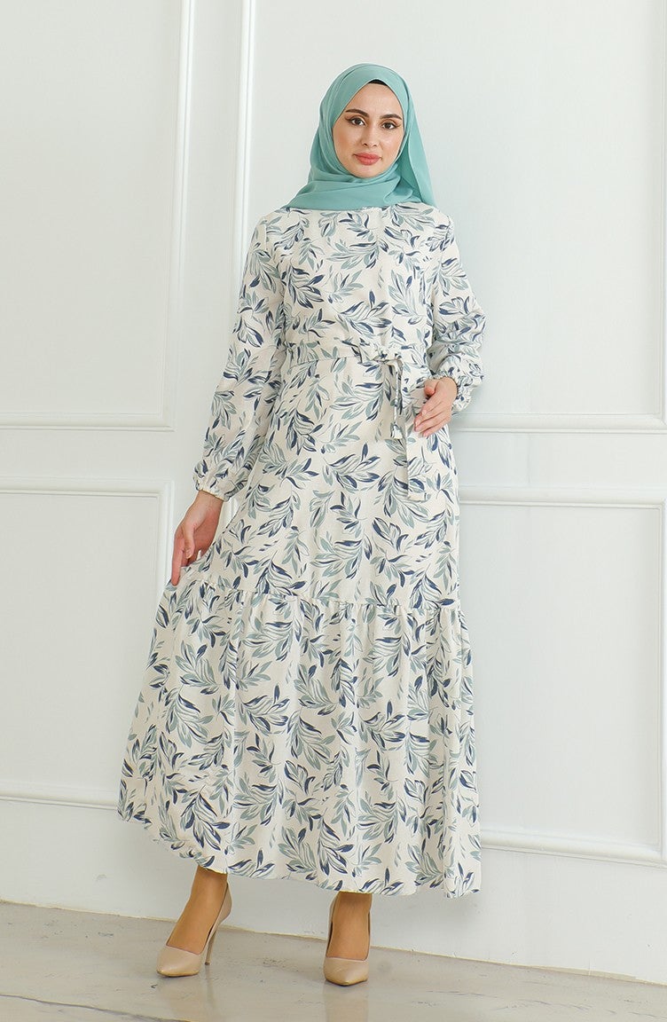 Sefa Merve Patterned Belted Linen Dress 0471-02 Beige Almond Green  - Image 1