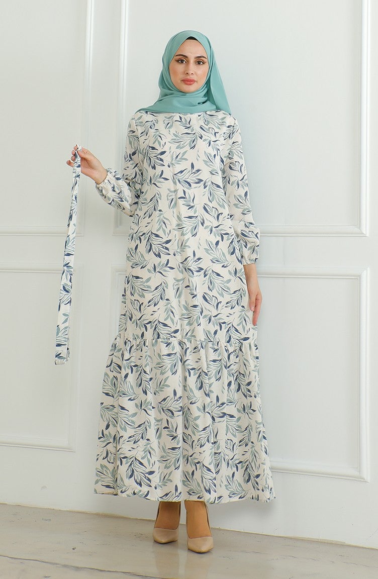 Sefa Merve Patterned Belted Linen Dress 0471-02 Beige Almond Green  - Image 5