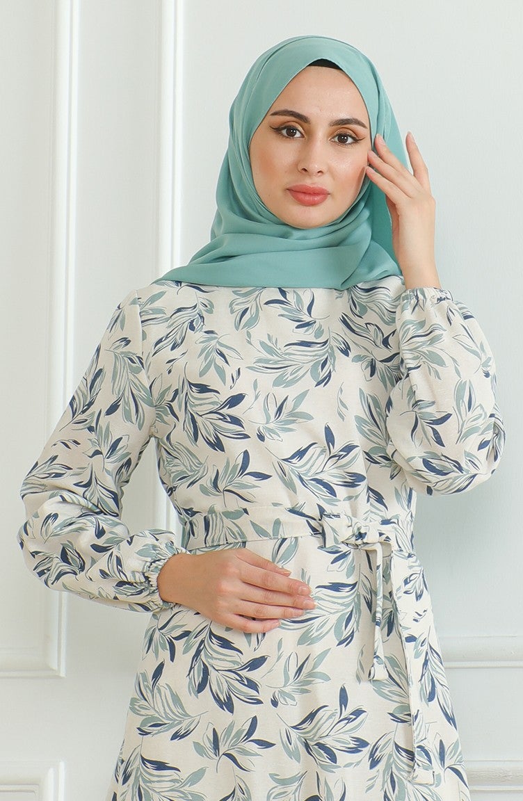 Sefa Merve Patterned Belted Linen Dress 0471-02 Beige Almond Green  - Image 3