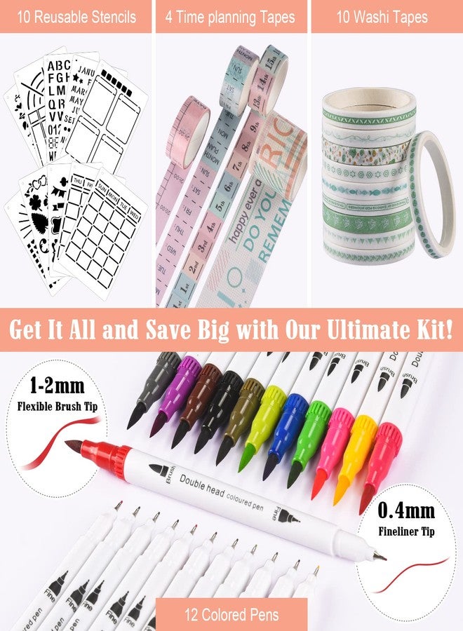 OFFIGIFT Bullet Dotted Journal Kit, 140gsm Hardcover A5 Dotted Journal with 188 Numbered Pages and 3 Index, 12 Brush Pens Dual Tip, 10 Stencils and 14 Washi Tape for Women Men Teen Girls, Pink - Image 4