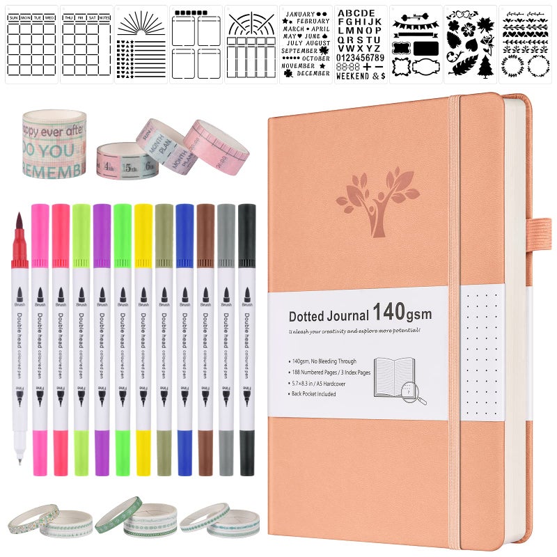 OFFIGIFT Bullet Dotted Journal Kit, 140gsm Hardcover A5 Dotted Journal with 188 Numbered Pages and 3 Index, 12 Brush Pens Dual Tip, 10 Stencils and 14 Washi Tape for Women Men Teen Girls, Pink - Image 1
