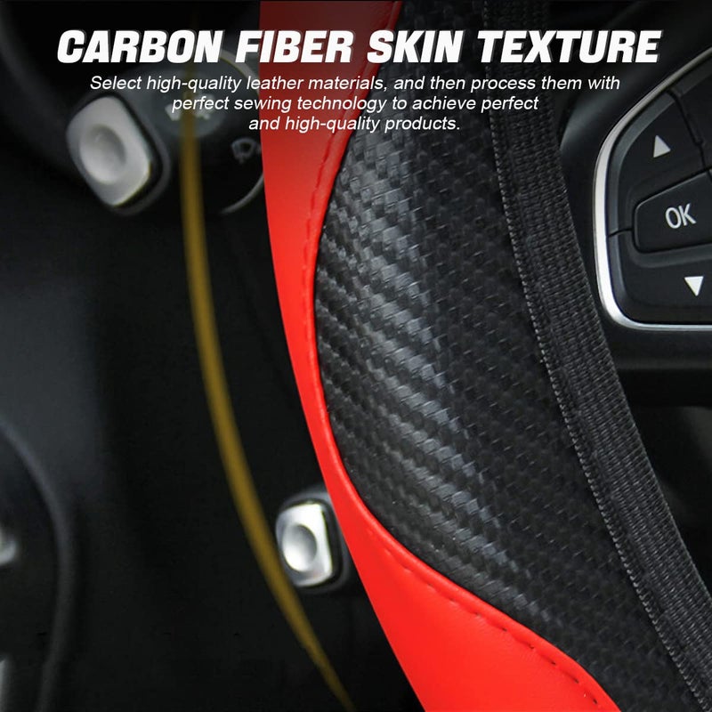 LoyaForba Car Steering Wheel Cover, Microfiber PU Leather Elastic Carbon Fiber Auto Steering Wheel Protector, 15 Inch Breathable Anti-Slip for Women Men, Car Interior Accessories for Most Cars (Black/Red) - Image 3
