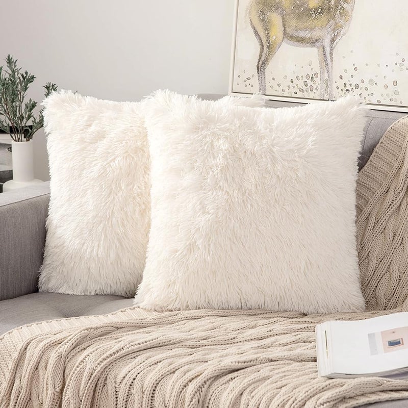 ANRODUO Pack of 2 Luxury Faux Fur Series Throw Pillow Covers Decorative Shaggy Fluffy Plush Cushion Case Mongolian Merino Style Pillowcase for Sofa Couch Bed Car 16 x 16 Inch Christmas Decor Beige
