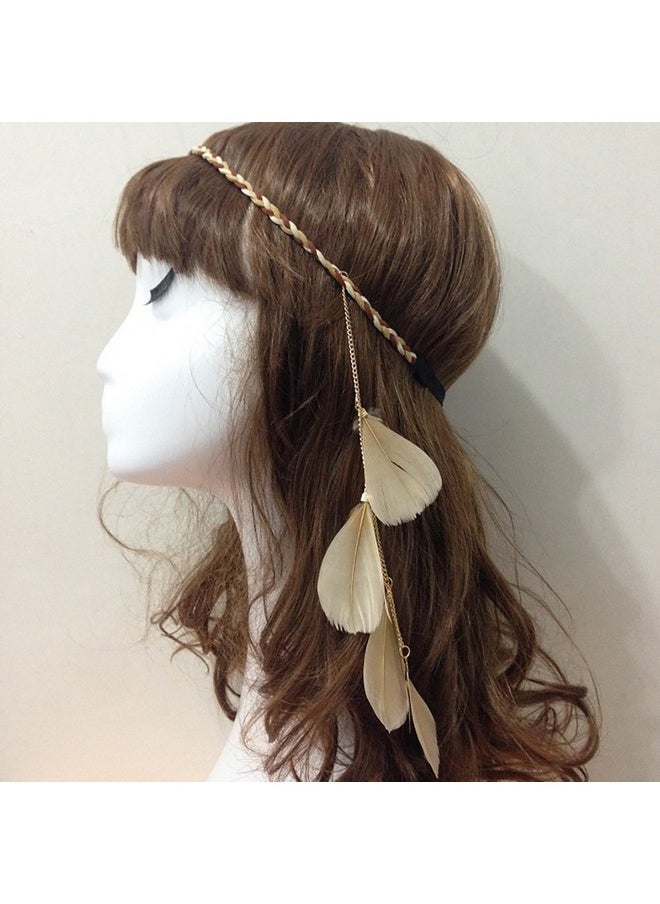 Fodattm Women Lady Bohemian Tassels Hairband Headwear Hippie Feather Headband Hair Hoop Handmade Indian Fascinator Headband Hair Bands Headdress Hair Accessories (Khaki)  - Image 2