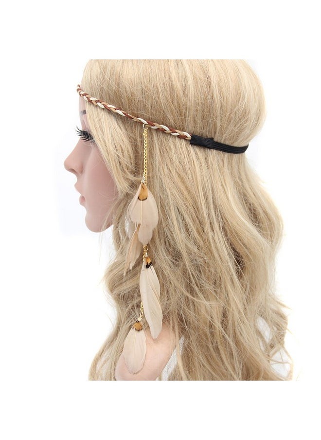 Fodattm Women Lady Bohemian Tassels Hairband Headwear Hippie Feather Headband Hair Hoop Handmade Indian Fascinator Headband Hair Bands Headdress Hair Accessories (Khaki)  - Image 1