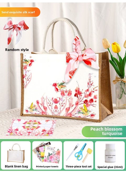 Butterfly Ancient Bart Material Bag Diy Mother's Day Canvas Bag Children's Handmade Creative Linen Bag Group Building Activity Gift-Color:Horizontal Style [peach Blossom Turtle] Comes With A Full Set Of Tools + Detailed Tutorials