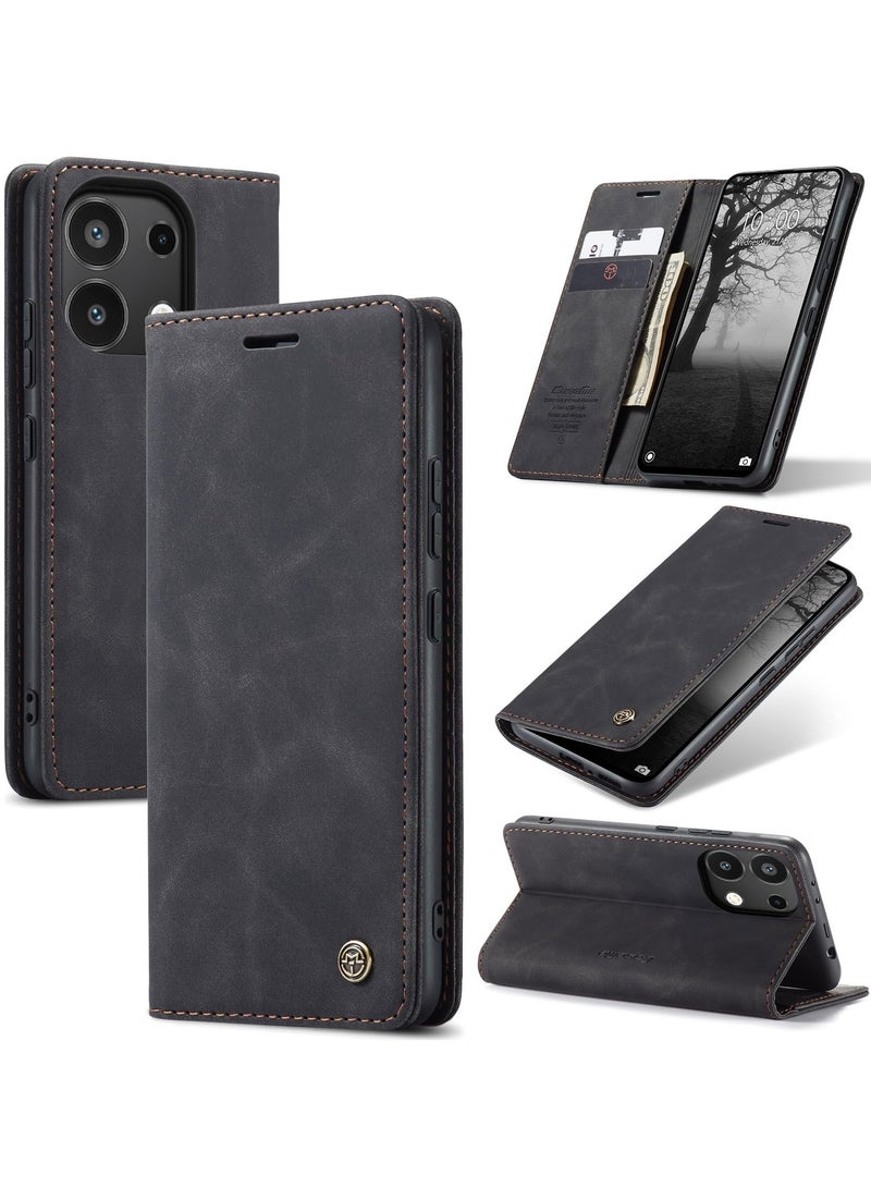 CaseMe Phone Case Luxury PU Leather Design 013 Flip Cover Card Slot Holder Cover For Redmi Note 13 Pro 4G / Poco M6 Pro 4G (Black) - Image 1