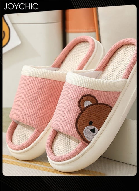 Non-slip Soft Thick Bottom Home Indoor Linen Slipper Sweat-absorbing and Breathable Bedroom Comfortable Slides  Four-season for Women Pink