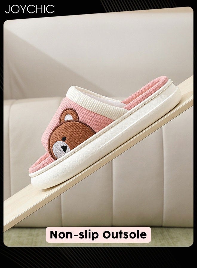 Joychic Non-slip Soft Thick Bottom Home Indoor Linen Slipper Sweat-absorbing and Breathable Bedroom Comfortable Slides  Four-season for Women Pink  - Image 3