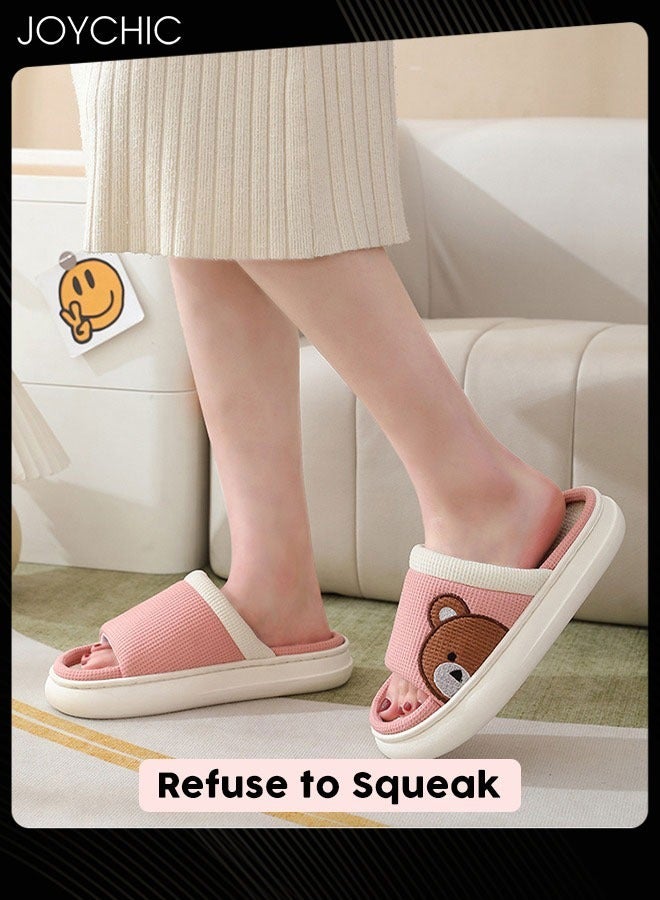 Joychic Non-slip Soft Thick Bottom Home Indoor Linen Slipper Sweat-absorbing and Breathable Bedroom Comfortable Slides  Four-season for Women Pink  - Image 2