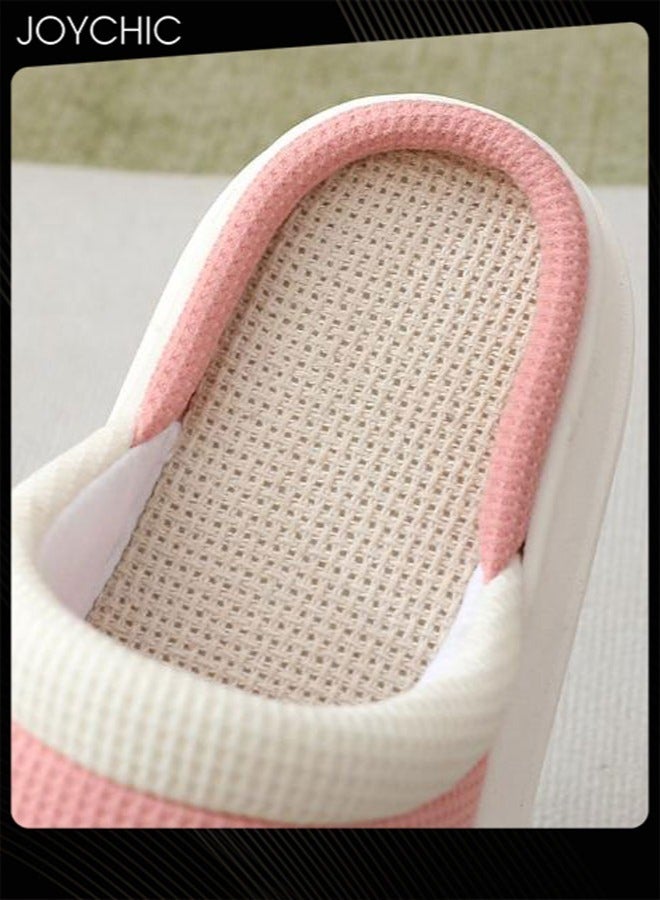 Joychic Non-slip Soft Thick Bottom Home Indoor Linen Slipper Sweat-absorbing and Breathable Bedroom Comfortable Slides  Four-season for Women Pink  - Image 5