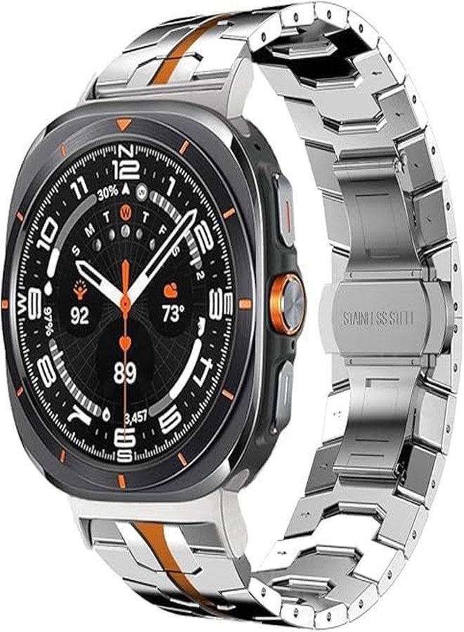 KONAFEI Stainless Steel Bands Compatible with Samsung Galaxy Watch 8/ Clacssic/Ultra 2, Metal Bands Adjustable Rugged Robust Link Strap for Men (Silver&Orange) - Image 1