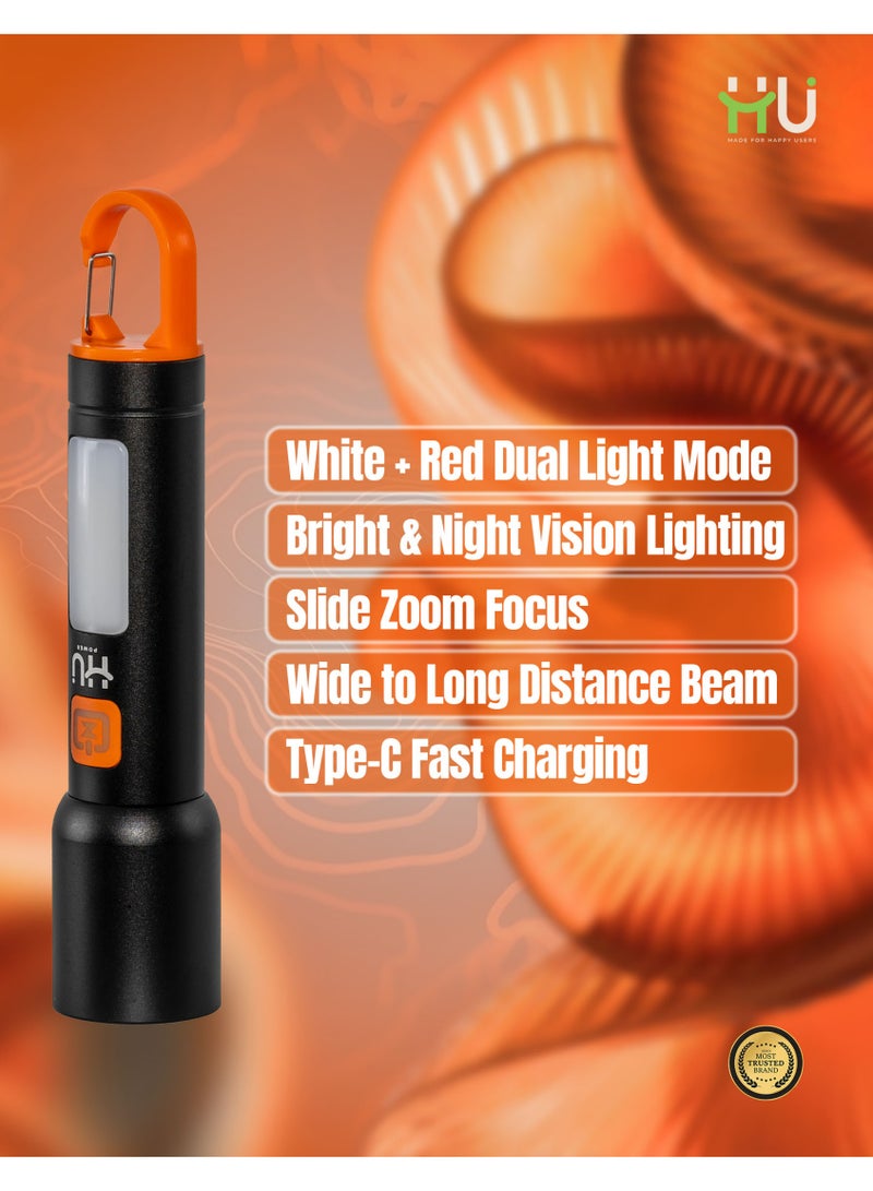 إتش يو كشاف LED قابل للشحن – ضوء أبيض وأحمر مع زوم قابل للتعديل وشحن Type-C - Image 4