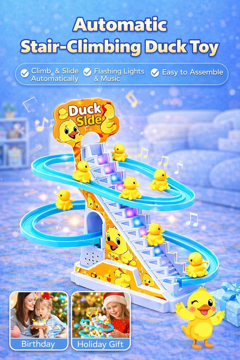 Brand Conquer Duck Slide Toy Set, Funny Automatic Stair-Climbing Ducklings Cartoon Race Track Set Duck Roller Coaster Escalator Toy with Flashing Lights & Music (Duck Slide Track Set) - Image 4
