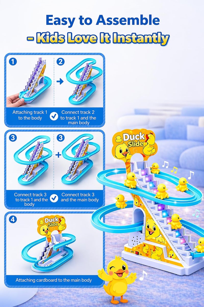 Brand Conquer Duck Slide Toy Set, Funny Automatic Stair-Climbing Ducklings Cartoon Race Track Set Duck Roller Coaster Escalator Toy with Flashing Lights & Music (Duck Slide Track Set) - Image 5