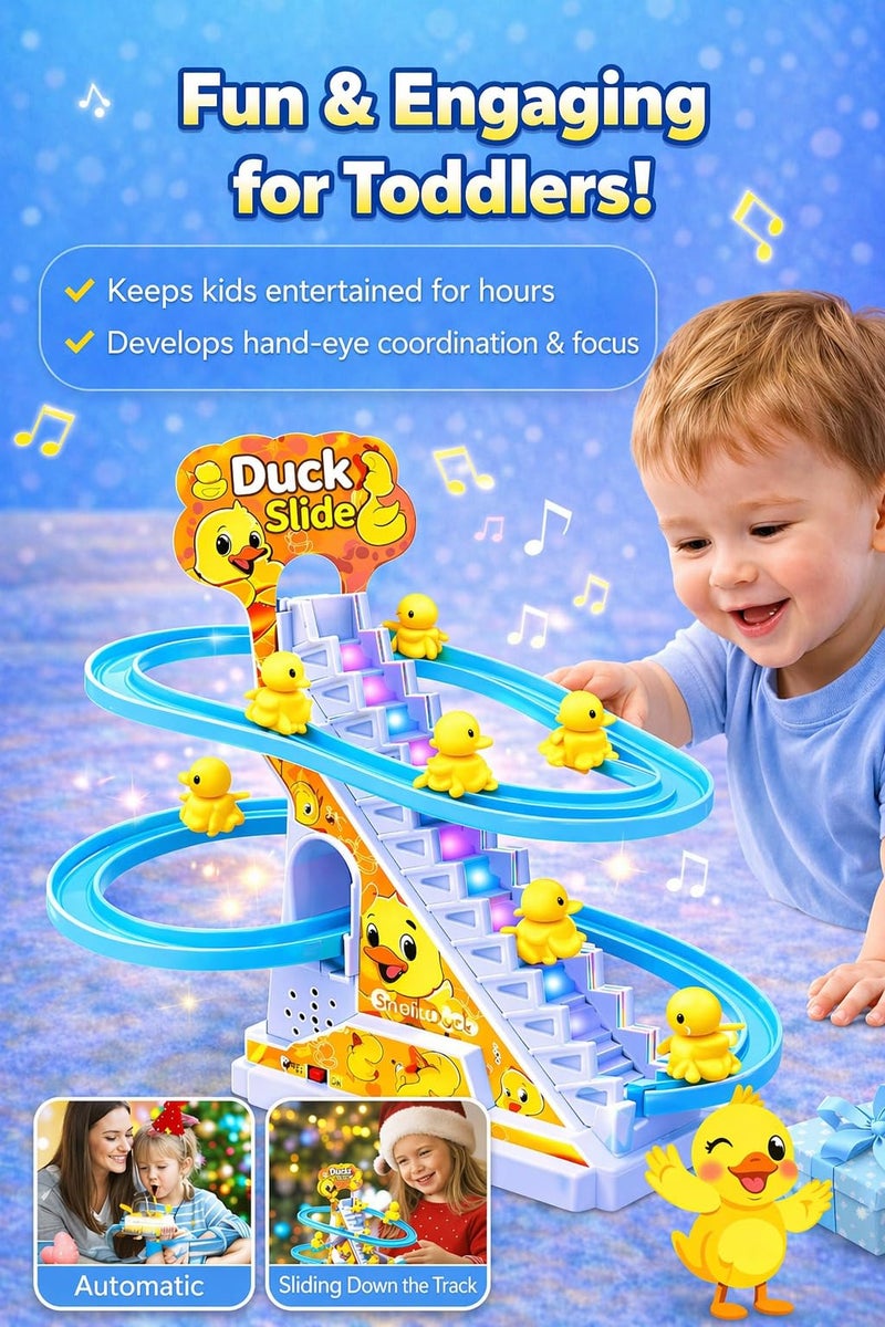 Brand Conquer Duck Slide Toy Set, Funny Automatic Stair-Climbing Ducklings Cartoon Race Track Set Duck Roller Coaster Escalator Toy with Flashing Lights & Music (Duck Slide Track Set) - Image 3