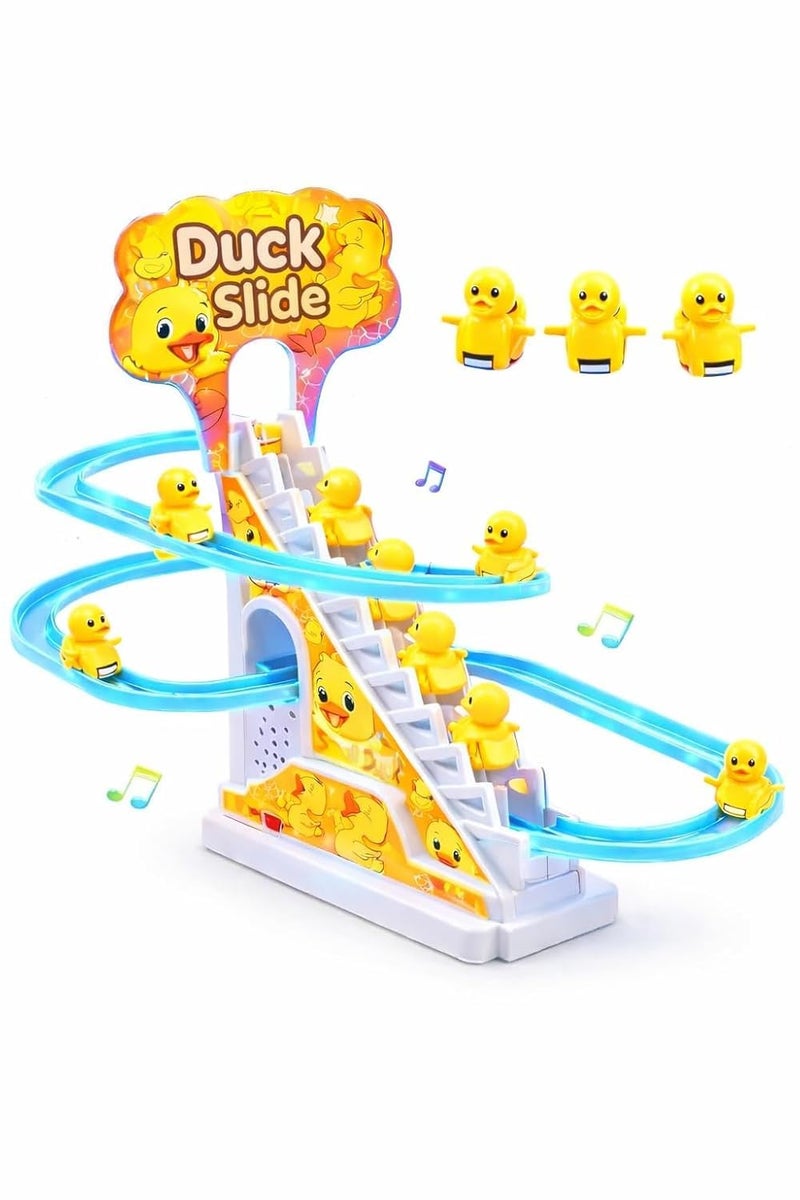 Brand Conquer Duck Slide Toy Set, Funny Automatic Stair-Climbing Ducklings Cartoon Race Track Set Duck Roller Coaster Escalator Toy with Flashing Lights & Music (Duck Slide Track Set) - Image 1