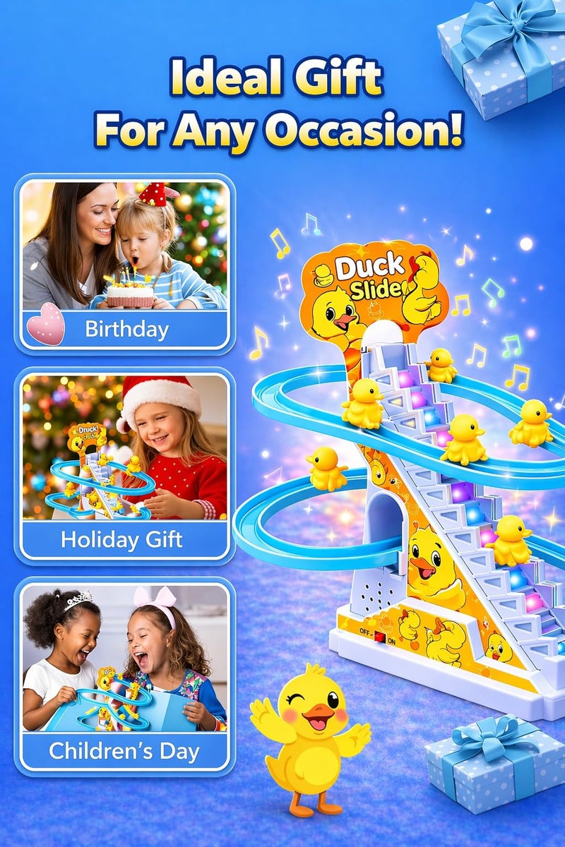 Brand Conquer Duck Slide Toy Set, Funny Automatic Stair-Climbing Ducklings Cartoon Race Track Set Duck Roller Coaster Escalator Toy with Flashing Lights & Music (Duck Slide Track Set) - Image 2