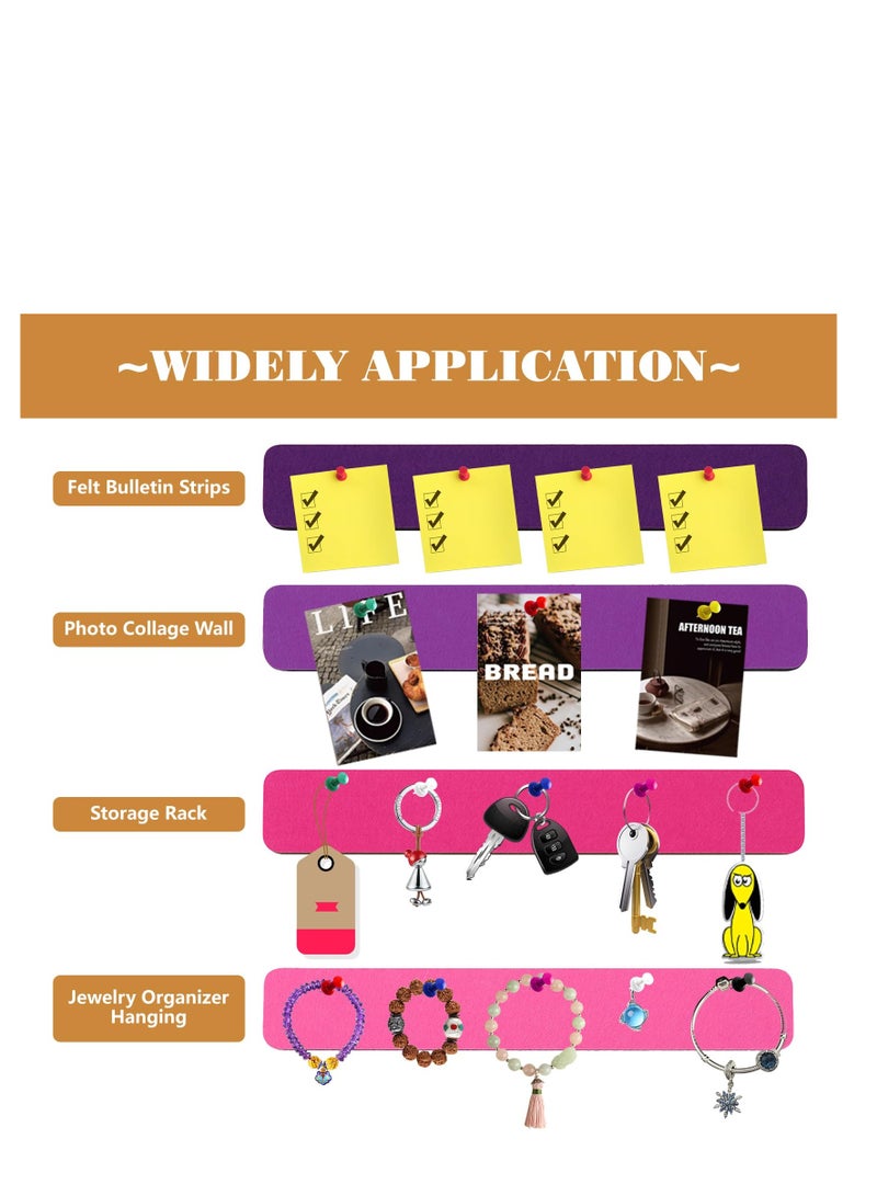 SOLARAE 6Pcs Rectangle Felt Cork Board Bar Strips with 35 Pushpins, Self Adhesive DIY Bulletin Board for Office School Home Wall Decor Stickers Memos Schedules Photos Display(Gradual Purple) - Image 2