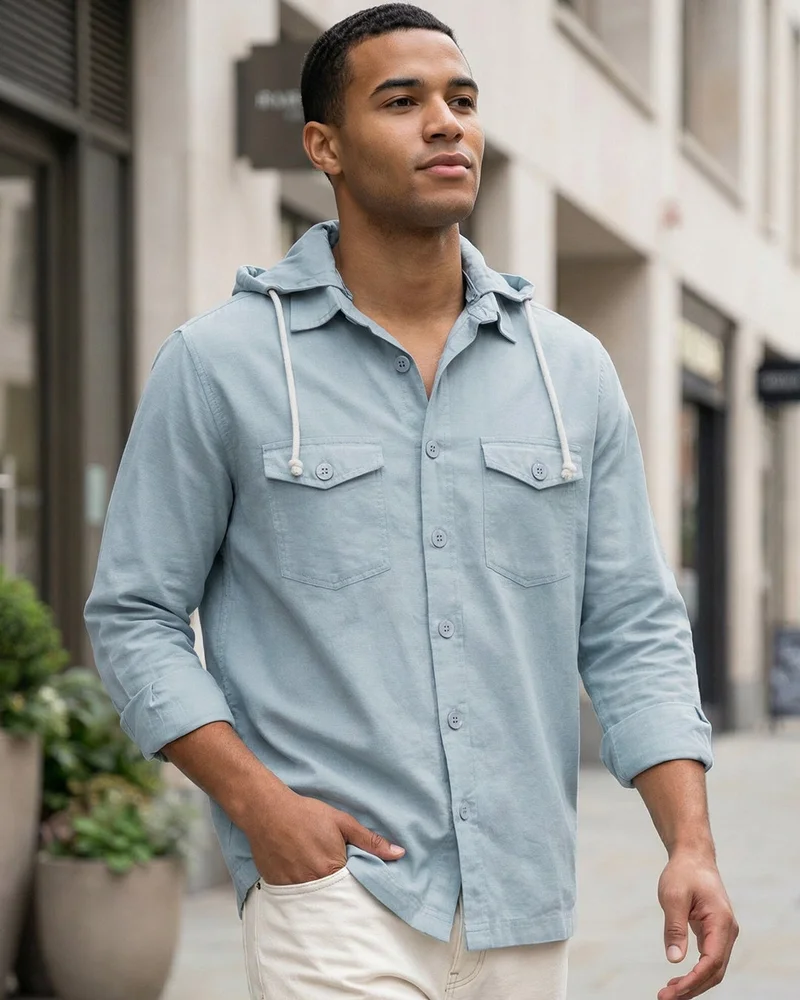 بيواكوف Men's Aqua Blue Oversized Cotton Linen Detachable Hooded Shirt
