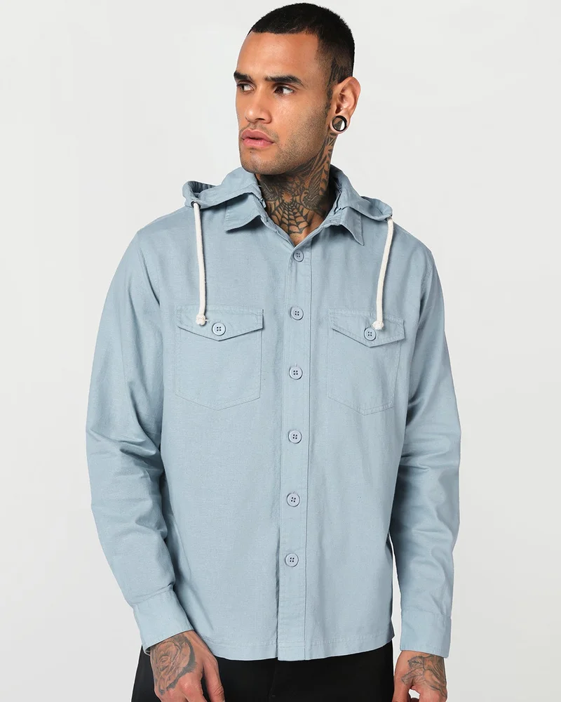 بيواكوف Men's Aqua Blue Oversized Cotton Linen Detachable Hooded Shirt