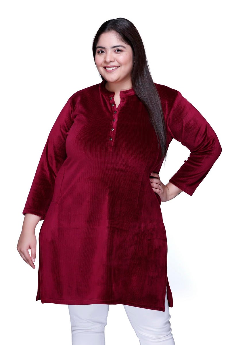 In Love Women's Plus Size Velvet Kurti - Warm Full Sleeve Solid Color Regular Fit Winter Wear, SSSF6103_XL, Red - Image 1