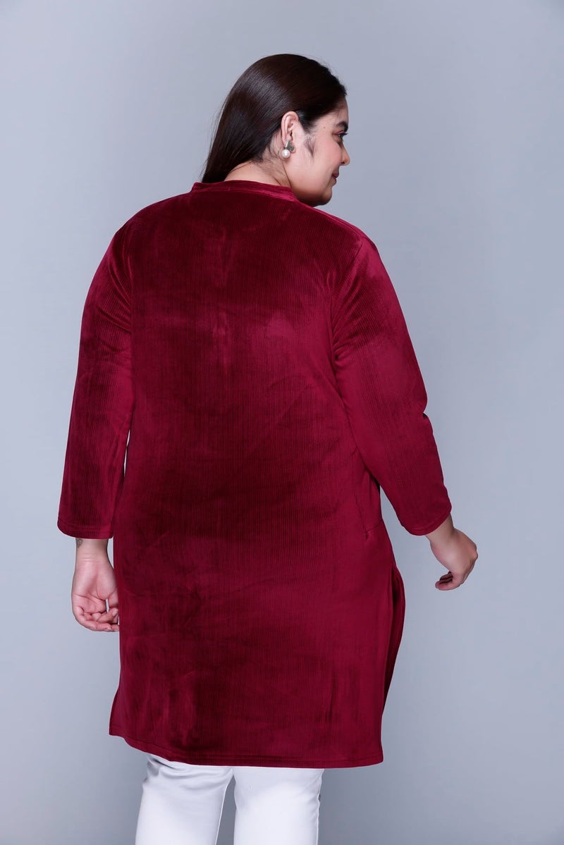 In Love Women's Plus Size Velvet Kurti - Warm Full Sleeve Solid Color Regular Fit Winter Wear, SSSF6103_XL, Red - Image 4