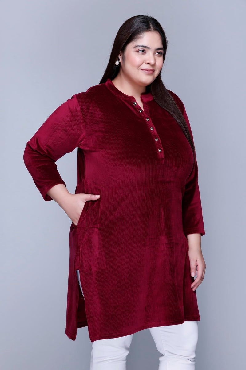 In Love Women's Plus Size Velvet Kurti - Warm Full Sleeve Solid Color Regular Fit Winter Wear, SSSF6103_XL, Red - Image 5