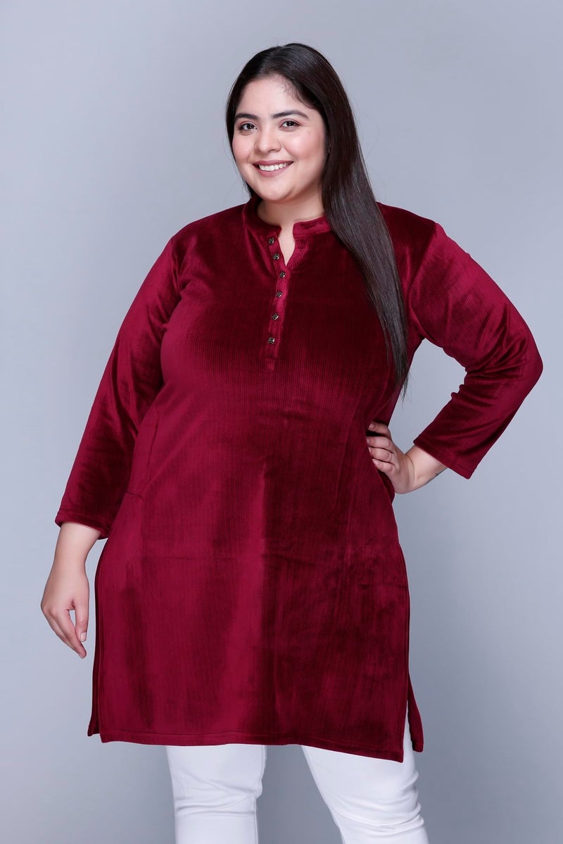 In Love Women's Plus Size Velvet Kurti - Warm Full Sleeve Solid Color Regular Fit Winter Wear, SSSF6103_XL, Red - Image 3