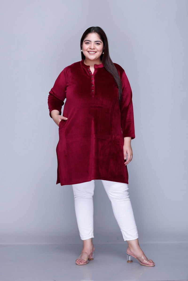 In Love Women's Plus Size Velvet Kurti - Warm Full Sleeve Solid Color Regular Fit Winter Wear, SSSF6103_XL, Red - Image 2