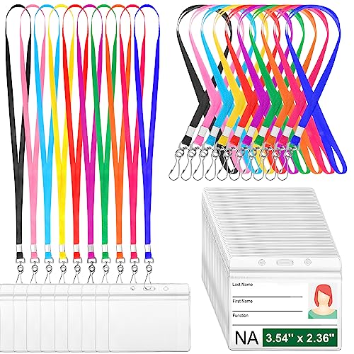 Honoson 100 Sets Name Tag Lanyards Bulk with ID Badge Holder Clear Plastic Horizontal Cruise Necklace Lanyard for Adults Business School Keys Multicolor - Image 1