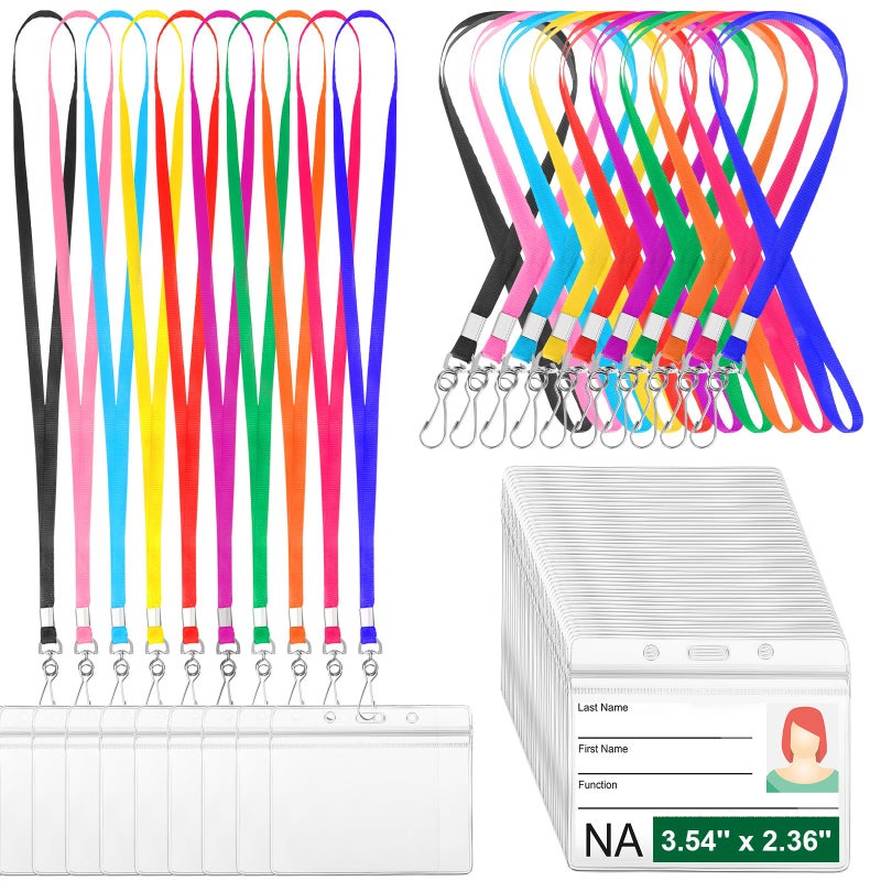 Honoson 100 Sets Name Tag Lanyards Bulk with ID Badge Holder Clear Plastic Horizontal Cruise Necklace Lanyard for Adults Business School Keys Multicolor - Image 2