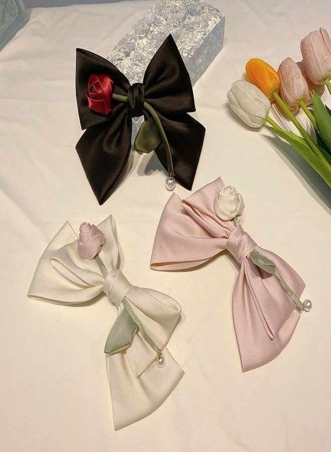 مجموعة فيونكات شعر أنيقة من الساتان، أسود، أبيض، وردي | لمسة لؤلؤية | فيونكات شعر كبيرة مزدوجة الطبقات | عبوة من 3 قطع | إكسسوارات شعر كورية للنساء والفتيات | فيونكة شعر مزينة بوردة، مناسبة لحفلات الزفاف، والمناسبات الاحتفالية، وعيد الحب، والارتداء اليومي - Image 1