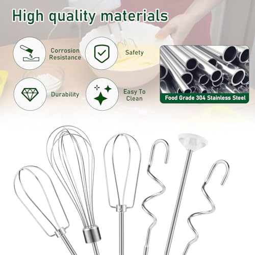QUFA Hand Mixer Attachments Beater, Dough Hooks and Whisk, Blending Rod, Stainless Steel Hand Mixer Accessories Compatible with Kitchenaid Hand Mixers KHM3 KHM5 KHM7 KHM9, 6-piece set - Image 4