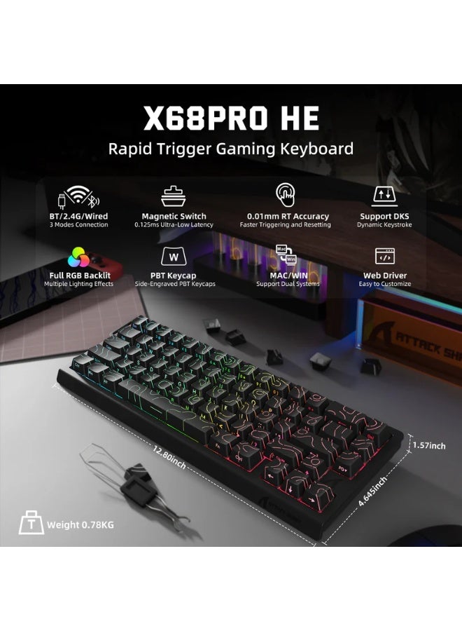 Attack Shark X68 Pro HE Wireless Gaming Keyboard 68-Key Hall Effect Magnetic Switch, Rapid Trigger, 0.1mm Adjustable Actuation, 8000Hz Polling Rate, Tri-Mode (2.4G/BT/USB-C), RGB Backlit, 5000mAh Battery, Low Latency Esports Mechanical Keyboard | Black - Image 2