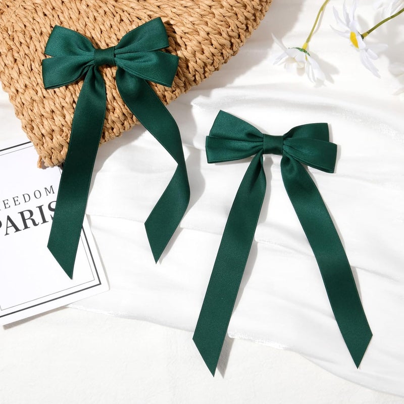 Aileam Cost saving design picks 2PCS Silky Satin Hair Bows Hair Clip Dark Green Hair Ribbon Clips for Women Ponytail Holder Hair Accessories Alligator Clips Bow for Women Girls Toddlers Teens Kids Moisture wear upgraded quality - Image 5