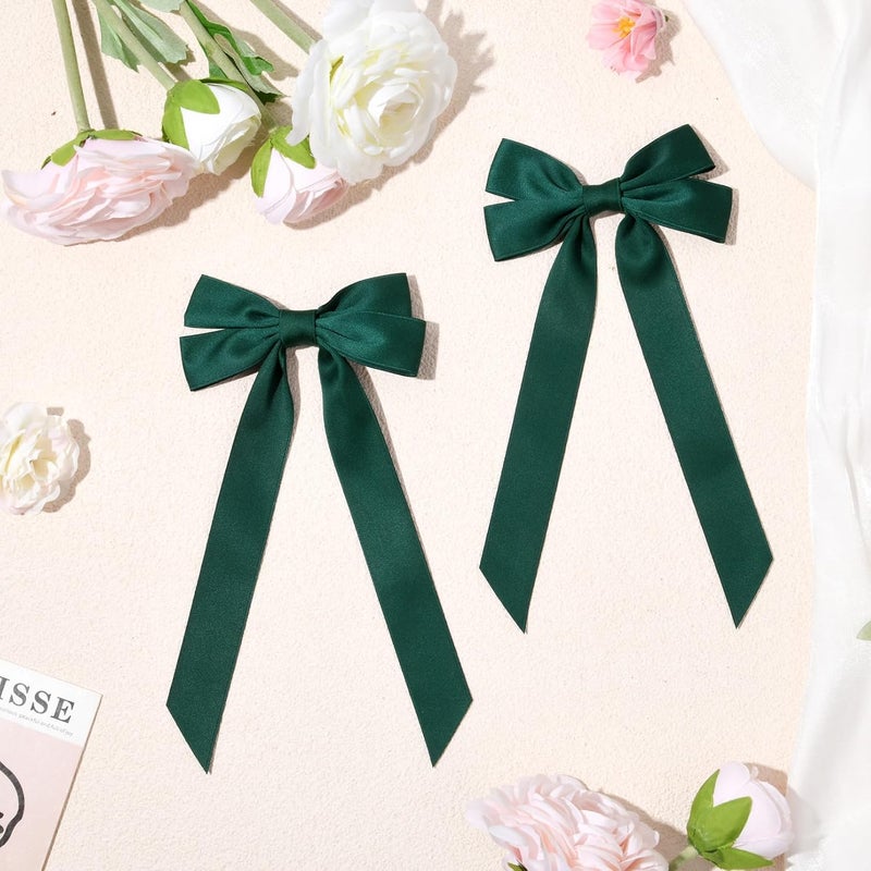 Aileam Cost saving design picks 2PCS Silky Satin Hair Bows Hair Clip Dark Green Hair Ribbon Clips for Women Ponytail Holder Hair Accessories Alligator Clips Bow for Women Girls Toddlers Teens Kids Moisture wear upgraded quality - Image 2
